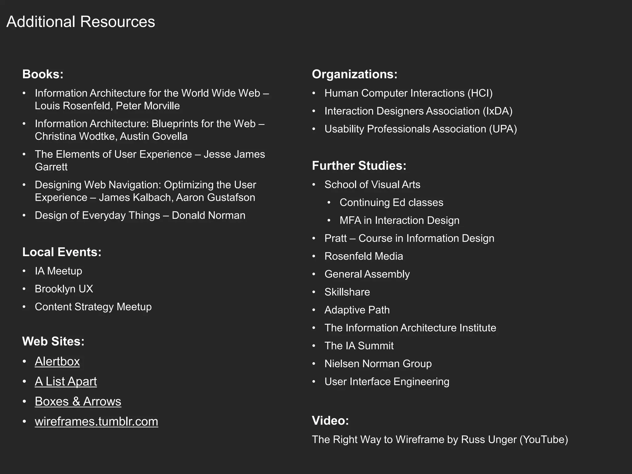 Additional Resources 
Books: 
• Information Architecture for the World Wide Web – 
Louis Rosenfeld, Peter Morville 
• Information Architecture: Blueprints for the Web – 
Christina Wodtke, Austin Govella 
• The Elements of User Experience – Jesse James 
Garrett 
• Designing Web Navigation: Optimizing the User 
Experience – James Kalbach, Aaron Gustafson 
• Design of Everyday Things – Donald Norman 
Local Events: 
• IA Meetup 
• Brooklyn UX 
• Content Strategy Meetup 
Web Sites: 
• Alertbox 
• A List Apart 
• Boxes & Arrows 
• wireframes.tumblr.com 
Organizations: 
• Human Computer Interactions (HCI) 
• Interaction Designers Association (IxDA) 
• Usability Professionals Association (UPA) 
Further Studies: 
• School of Visual Arts 
• Continuing Ed classes 
• MFA in Interaction Design 
• Pratt – Course in Information Design 
• Rosenfeld Media 
• General Assembly 
• Skillshare 
• Adaptive Path 
• The Information Architecture Institute 
• The IA Summit 
• Nielsen Norman Group 
• User Interface Engineering 
Video: 
The Right Way to Wireframe by Russ Unger (YouTube) 
 
