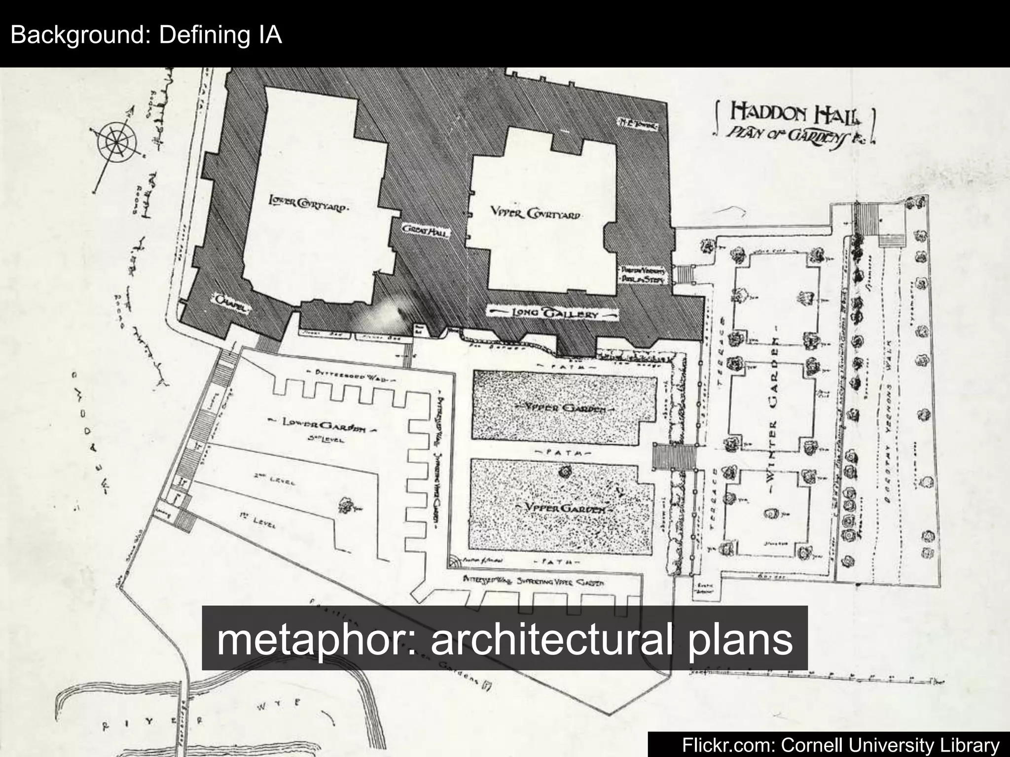 Design Process 
metaphor: architectural plans 
Flickr.com: Cornell University Library 
Background: Defining IA 
 