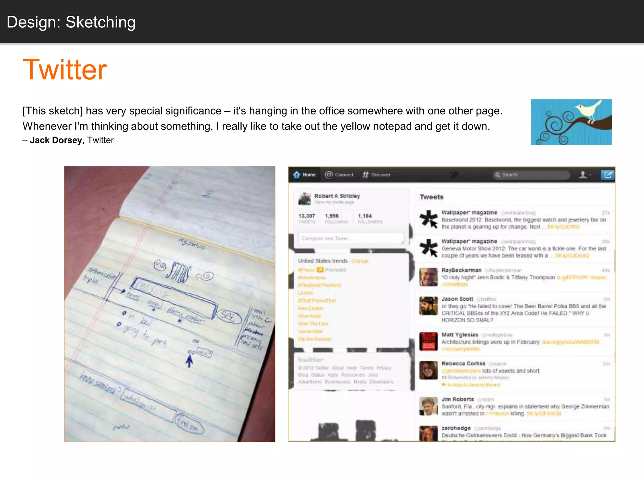 Design: Sketching 
“twttr sketch” Twitter.com 
Sketching 
Twitter 
[This sketch] has very special significance – it's hanging in the office somewhere with one other page. 
Whenever I'm thinking about something, I really like to take out the yellow notepad and get it down. 
– Jack Dorsey, Twitter 
 