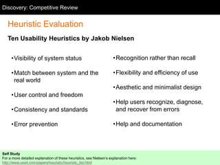 Discovery: Competitive Review
Competitive Review

Heuristic Evaluation
Ten Usability Heuristics by Jakob Nielsen
•Visibili...