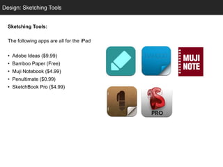 Design: Sketching Tools
Info

Sketching Tools:
The following apps are all for the iPad
• Adobe Ideas ($9.99)
• Bamboo Pape...
