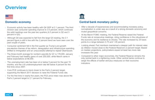0417-0062KHEXP083117 SVB Asset Management | Quarterly Economic Report Q2 2017
Overview
Central bank monetary policy
  Economic activity has been healthy with Q4 GDP at 2.1 percent. The third
revision saw consumer spending improve to 3.5 percent, which continues
the solid readings over the past two quarters (4.3 percent in Q2 and 3
percent in Q3).
  Although Q4 was expected to fall from the large Q3 reading, the 2.1
percent figure is still in line with the 2 percent trend we have seen over the
past couple of years.
  Consumer sentiment fell in the first quarter as Trump’s pro-growth
pre-election themes of tax reform, deregulation and infrastructure spending
shifted to immigration and an unsuccessful attempt to repeal Obamacare.
  The three-month average for nonfarm payrolls for Q1 is 178,000. January
and February had healthy gains of over 200,000, while March came in
below expectations at 98,000.
  The unemployment rate has been at or below 5 percent for the past 19
months, and the U-6 underemployment rate fell below 9 percent for the
first time since 2007.
  Core PCE continues to trend closer to the Fed’s 2 percent target,
supporting the March 2017 decision to raise the Federal Funds rate.
  For the first time in nearly five years, the PCE price index rose above the
Fed’s 2 percent target to 2.1 percent for February.
Domestic economy
4
  After a decade of expansionary and accommodating monetary policy,
normalization is under way as a result of a strong domestic economy and
muted geopolitical concerns.
  At the March FOMC meeting, the Federal Reserve raised the Federal
Funds rate at consecutive meetings, citing confidence in the robustness of
the economy and its resilience to shocks. The rate increased by 25 basis
points to a range between 0.75 and 1.00 percent.
  Looking ahead, Fed members maintained a steeper path for interest rates
as inflation moved close to the Federal Reserve’s 2 percent target. Based
on median projections, policymakers expect at least two more rate
increases this year.
  Compared to other major economies, the Federal Reserve remains the
only central bank in a tightening mode. Other central banks continue to
weigh the effects of earlier stimulus measures on their economic
indicators.
 