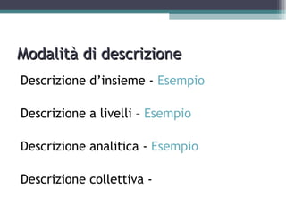 Modalità di descrizione
Descrizione d’insieme - Esempio

Descrizione a livelli – Esempio

Descrizione analitica - Esempio

Descrizione collettiva -
 