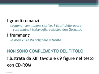 I grandi romanzi
     seguono, con minore risalto, i titoli delle opere
       contenute: I Malavoglia e Mastro-don Gesualdo
 I frammenti
     In area 7: Testo originale a fronte


 NON SONO COMPLEMENTO DEL TITOLO
 illustrata da XIII tavole e 69 figure nel testo
 con CD-ROM
03/05/09
 
