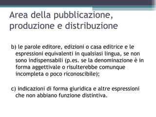Area della pubblicazione,
produzione e distribuzione

b) le parole editore, edizioni o casa editrice e le
  espressioni equivalenti in qualsiasi lingua, se non
  sono indispensabili (p.es. se la denominazione è in
  forma aggettivale o risulterebbe comunque
  incompleta o poco riconoscibile);

c) indicazioni di forma giuridica e altre espressioni
  che non abbiano funzione distintiva.
 