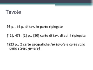 Tavole

93 p., 16 p. di tav. in parte ripiegate

[12], 478, [2] p., [20] carte di tav. di cui 1 ripiegata

1223 p., 2 carte geografiche [se tavole e carte sono
 dello stesso genere]
 