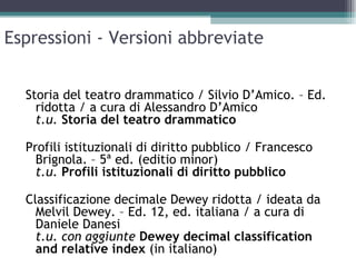 Espressioni - Versioni abbreviate


  Storia del teatro drammatico / Silvio D’Amico. – Ed.
    ridotta / a cura di Alessandro D’Amico
    t.u. Storia del teatro drammatico

  Profili istituzionali di diritto pubblico / Francesco
    Brignola. – 5ª ed. (editio minor)
    t.u. Profili istituzionali di diritto pubblico

  Classificazione decimale Dewey ridotta / ideata da
    Melvil Dewey. – Ed. 12, ed. italiana / a cura di
    Daniele Danesi
    t.u. con aggiunte Dewey decimal classification
    and relative index (in italiano)
 