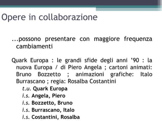 Opere in collaborazione

  ...possono presentare con maggiore frequenza
    cambiamenti

  Quark Europa : le grandi sfide degli anni ’90 : la
   nuova Europa / di Piero Angela ; cartoni animati:
   Bruno Bozzetto ; animazioni grafiche: Italo
   Burrascano ; regia: Rosalba Costantini
     t.u. Quark Europa
     i.s. Angela, Piero
     i.s. Bozzetto, Bruno
     i.s. Burrascano, Italo
     i.s. Costantini, Rosalba
 