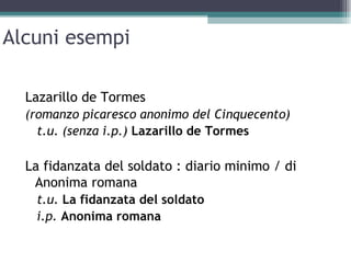 Alcuni esempi

  Lazarillo de Tormes
  (romanzo picaresco anonimo del Cinquecento)
    t.u. (senza i.p.) Lazarillo de Tormes

  La fidanzata del soldato : diario minimo / di
   Anonima romana
   t.u. La fidanzata del soldato
   i.p. Anonima romana
 