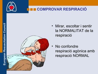 COMPROVAR RESPIRACIÓ Mirar, escoltar i sentir la NORMALITAT de la respiració No confondre respiració agònica amb respiració NORMAL  