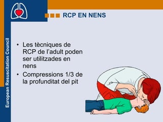 RCP EN NENS Les tècniques de RCP de l’adult poden ser utilitzades en nens Compressions 1/3 de la profunditat del pit 