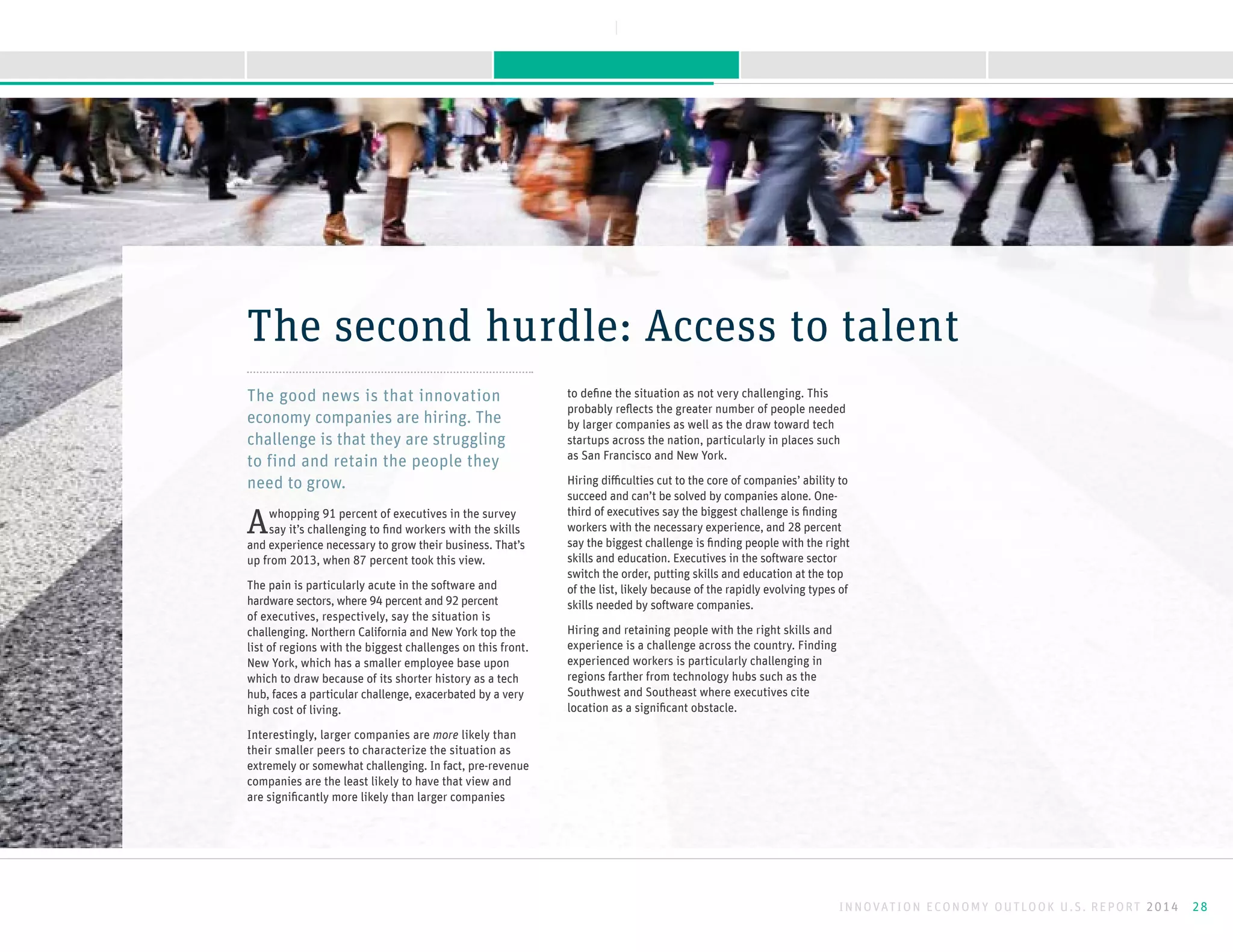 The good news is that innovation
economy companies are hiring. The
challenge is that they are struggling
to find and retain the people they
need to grow.
Awhopping 91 percent of executives in the survey
say it’s challenging to find workers with the skills
and experience necessary to grow their business. That’s
up from 2013, when 87 percent took this view.
The pain is particularly acute in the software and
hardware sectors, where 94 percent and 92 percent
of executives, respectively, say the situation is
challenging. Northern California and New York top the
list of regions with the biggest challenges on this front.
New York, which has a smaller employee base upon
which to draw because of its shorter history as a tech
hub, faces a particular challenge, exacerbated by a very
high cost of living.
Interestingly, larger companies are more likely than
their smaller peers to characterize the situation as
extremely or somewhat challenging. In fact, pre-revenue
companies are the least likely to have that view and
are significantly more likely than larger companies
to define the situation as not very challenging. This
probably reflects the greater number of people needed
by larger companies as well as the draw toward tech
startups across the nation, particularly in places such
as San Francisco and New York.
Hiring difficulties cut to the core of companies’ ability to
succeed and can’t be solved by companies alone. One-
third of executives say the biggest challenge is finding
workers with the necessary experience, and 28 percent
say the biggest challenge is finding people with the right
skills and education. Executives in the software sector
switch the order, putting skills and education at the top
of the list, likely because of the rapidly evolving types of
skills needed by software companies.
Hiring and retaining people with the right skills and
experience is a challenge across the country. Finding
experienced workers is particularly challenging in
regions farther from technology hubs such as the
Southwest and Southeast where executives cite
location as a significant obstacle.
The second hurdle: Access to talent
INNOVATION ECONOMY OUTLOOK U.S. REPORT 2014 28
NEXTBACK
A B O U T T H I S R E P O R TK E E P I N G M O M E N T U MS U R G I N G F O R W A R D M E E T I N G O B S T A C L E SI N T R O D U C T I O N
 
