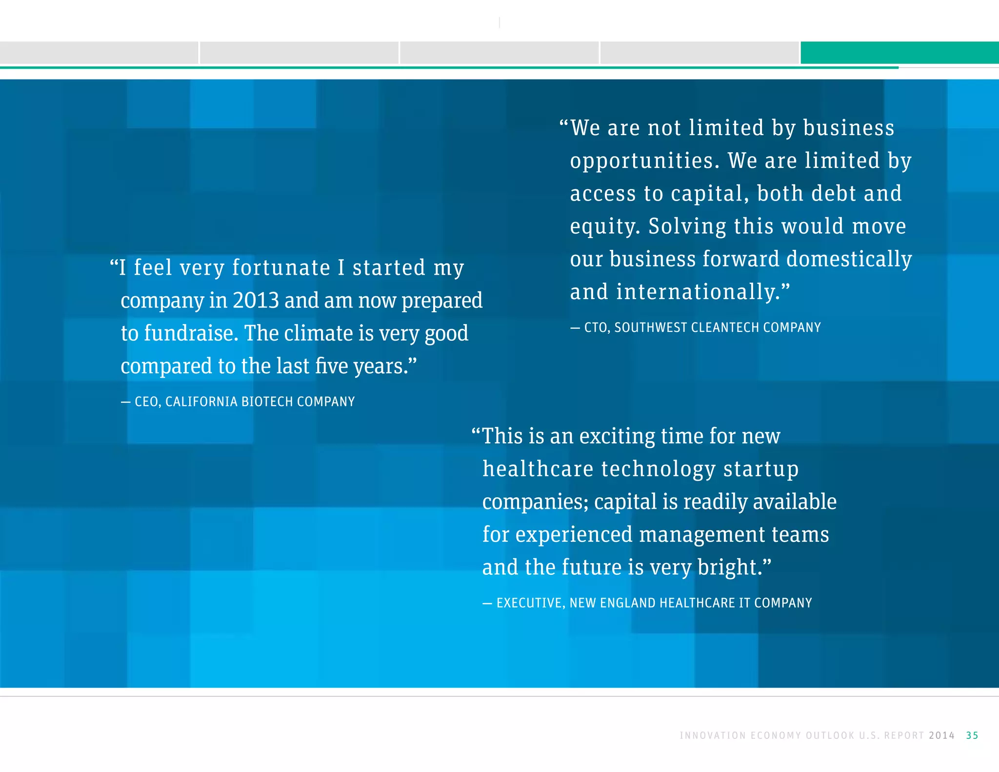 “We are not limited by business
opportunities. We are limited by
access to capital, both debt and
equity. Solving this would move
our business forward domestically
and internationally.”
— CTO, SOUTHWEST CLEANTECH COMPANY
“I feel very fortunate I started my
company in 2013 and am now prepared
to fundraise. The climate is very good
compared to the last five years.”
— CEO, CALIFORNIA BIOTECH COMPANY
“This is an exciting time for new
healthcare technology startup
companies; capital is readily available
for experienced management teams
and the future is very bright.”
— EXECUTIVE, NEW ENGLAND HEALTHCARE IT COMPANY
INNOVATION ECONOMY OUTLOOK U.S. REPORT 2014 35
NEXTBACK
A B O U T T H I S R E P O R TK E E P I N G M O M E N T U MS U R G I N G F O R W A R D M E E T I N G O B S T A C L E SI N T R O D U C T I O N
 