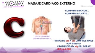 ESTERNON
PUNTO DE MASAJE
(ENTRE LOS PEZONES)
MASAJE CARDIACO EXTERNO
COMPRIMIR RAPIDO…
COMPRIMIR FUERTE…
RITMO: DE 100 A 120 COMPRESIONES
POR MINUTO
PROFUNDIDAD: 1/3 DELTORAX
(DE 5 A 6 CM)
 