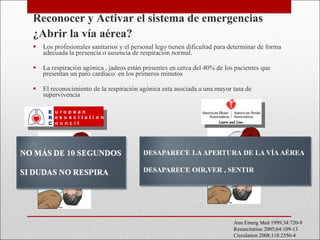 Los profesionales sanitarios y el personal lego tienen dificultad para determinar de forma adecuada la presencia o ausencia de respiración normal. La respiración agónica , jadeos están presentes en cerca del 40% de los pacientes que presentan un paro cardiaco  en los primeros minutos  El reconocimiento de la respiración agónica esta asociada a una mayor tasa de supervivencia Reconocer y Activar el sistema de emergencias ¿Abrir la vía aérea? Ann Emerg Med 1999;34:720-9 Resuscitation 2005;64:109-13 Circulation 2008;118:2550-4 