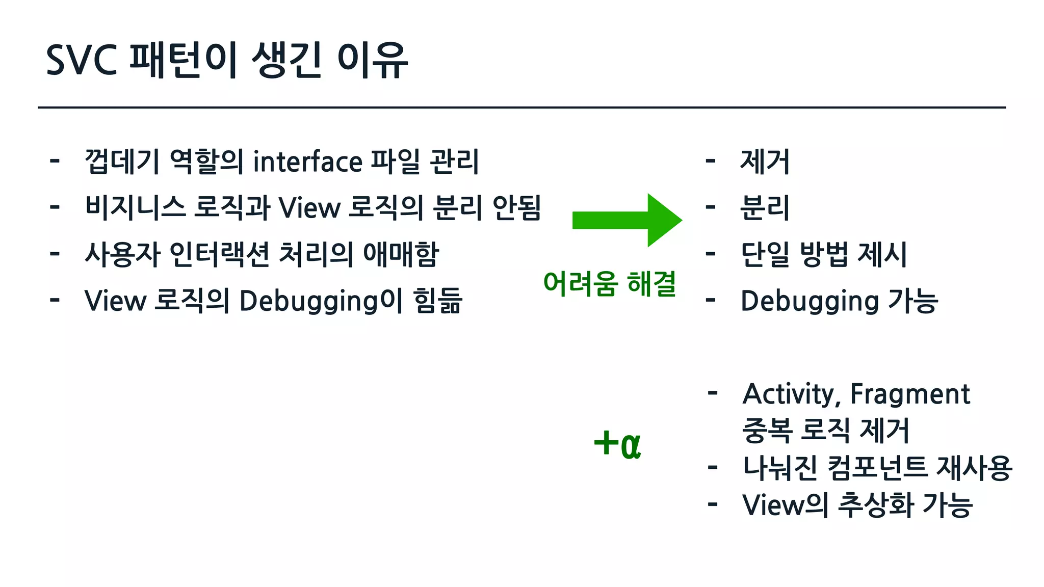 SVC 패턴이 생긴 이유
- 껍데기 역할의 interface 파일 관리
- 비지니스 로직과 View 로직의 분리 안됨
- 사용자 인터랙션 처리의 애매함
- View 로직의 Debugging이 힘듦
- 제거
- 분리
- 단일 방법 제시
- Debugging 가능
어려움 해결
+α
- Activity, Fragment 
중복 로직 제거
- 나눠진 컴포넌트 재사용
- View의 추상화 가능
 