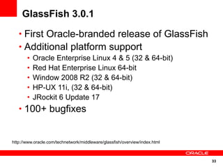 GlassFish 3.0.1
   • First Oracle-branded release of GlassFish
   • Additional platform support
       •   Oracle Enterprise Linux 4 & 5 (32 & 64-bit)
       •   Red Hat Enterprise Linux 64-bit
       •   Window 2008 R2 (32 & 64-bit)
       •   HP-UX 11i, (32 & 64-bit)
       •   JRockit 6 Update 17
   • 100+ bugfixes


http://www.oracle.com/technetwork/middleware/glassfish/overview/index.html



                                                                             33
 