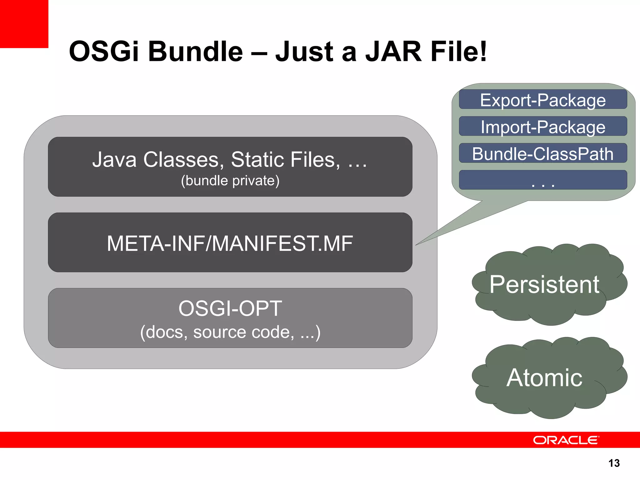OSGi Bundle – Just a JAR File!
                                 Export-Package
                                 Import-Package
 Java Classes, Static Files, …   Bundle-ClassPath
           (bundle private)            ...


  META-INF/MANIFEST.MF
                                  Persistent
           OSGI-OPT
      (docs, source code, ...)

                                    Atomic


                                                  13
 