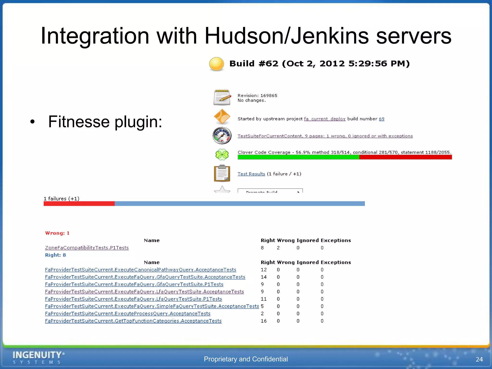 Integration with Hudson/Jenkins servers


• Fitnesse plugin:




                     Proprietary and Confidential
 