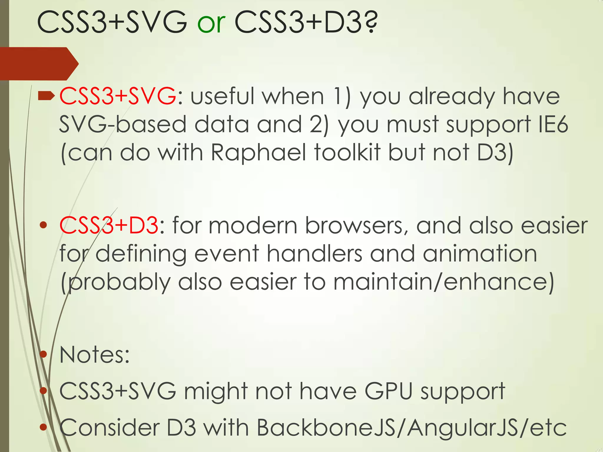 CSS3+SVG or CSS3+D3?
CSS3+SVG: useful when 1) you already have
SVG-based data and 2) you must support IE6
(can do with Raphael toolkit but not D3)
• CSS3+D3: for modern browsers, and also easier
for defining event handlers and animation
(probably also easier to maintain/enhance)
• Notes:
• CSS3+SVG might not have GPU support
• Consider D3 with BackboneJS/AngularJS/etc
 