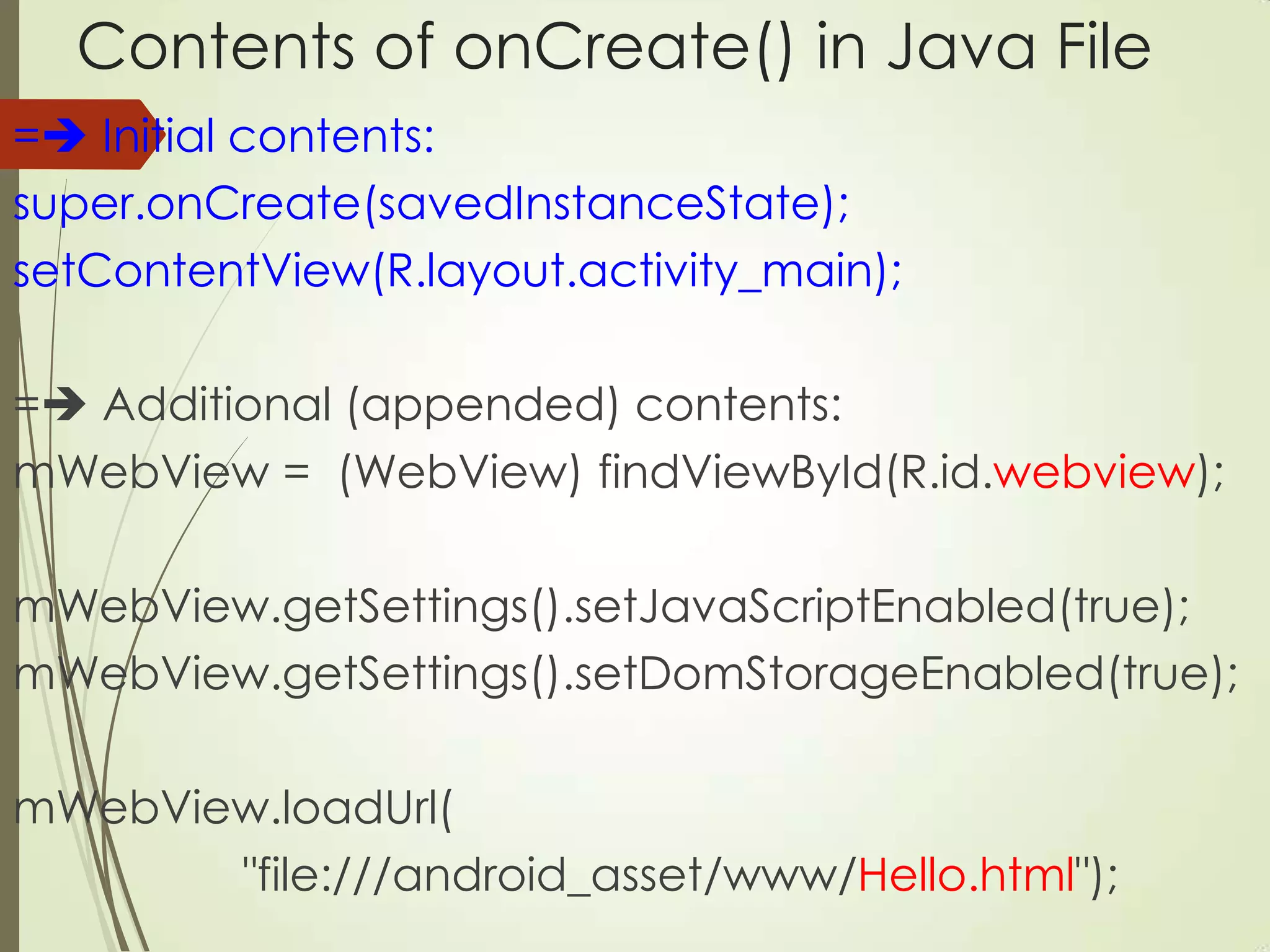 Contents of onCreate() in Java File
= Initial contents:
super.onCreate(savedInstanceState);
setContentView(R.layout.activity_main);
= Additional (appended) contents:
mWebView = (WebView) findViewById(R.id.webview);
mWebView.getSettings().setJavaScriptEnabled(true);
mWebView.getSettings().setDomStorageEnabled(true);
mWebView.loadUrl(
"file:///android_asset/www/Hello.html");
 