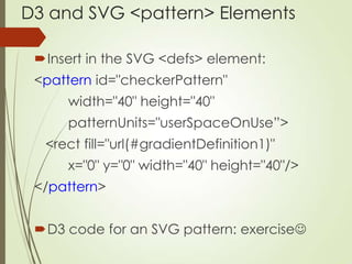 D3 and SVG <pattern> Elements
Insert in the SVG <defs> element:
<pattern id="checkerPattern"
width="40" height="40"
patte...