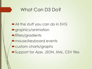 What Can D3 Do?
All the stuff you can do in SVG
graphics/animation
filters/gradients
mouse/keyboard events
custom cha...