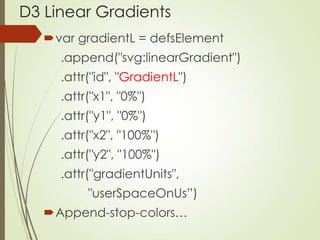 D3 Linear Gradients
var gradientL = defsElement
.append("svg:linearGradient")
.attr("id", "GradientL")
.attr("x1", "0%")
...