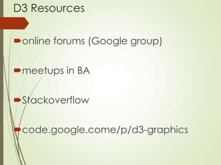 D3 Resources
online forums (Google group)
meetups in BA
Stackoverflow
code.google.come/p/d3-graphics
 