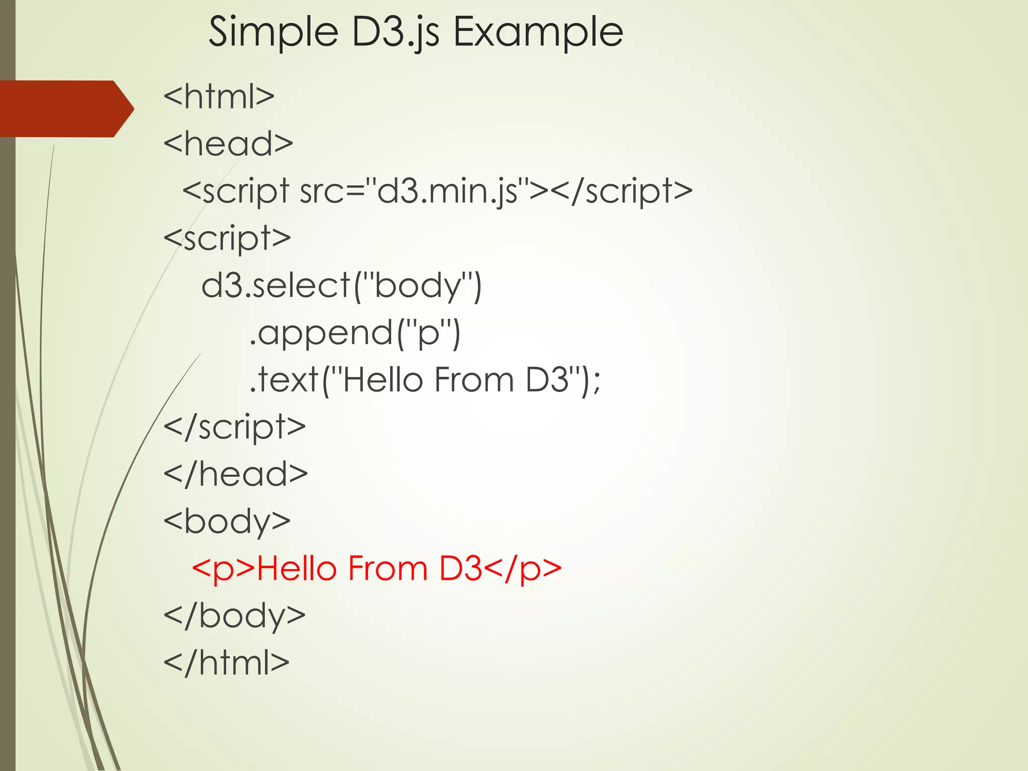 Simple D3.js Example 
<html> 
<head> 
<script src="d3.min.js"></script> 
<script> 
d3.select("body") 
.append("p") 
.text("Hello From D3"); 
</script> 
</head> 
<body> 
<p>Hello From D3</p> 
</body> 
</html> 
 