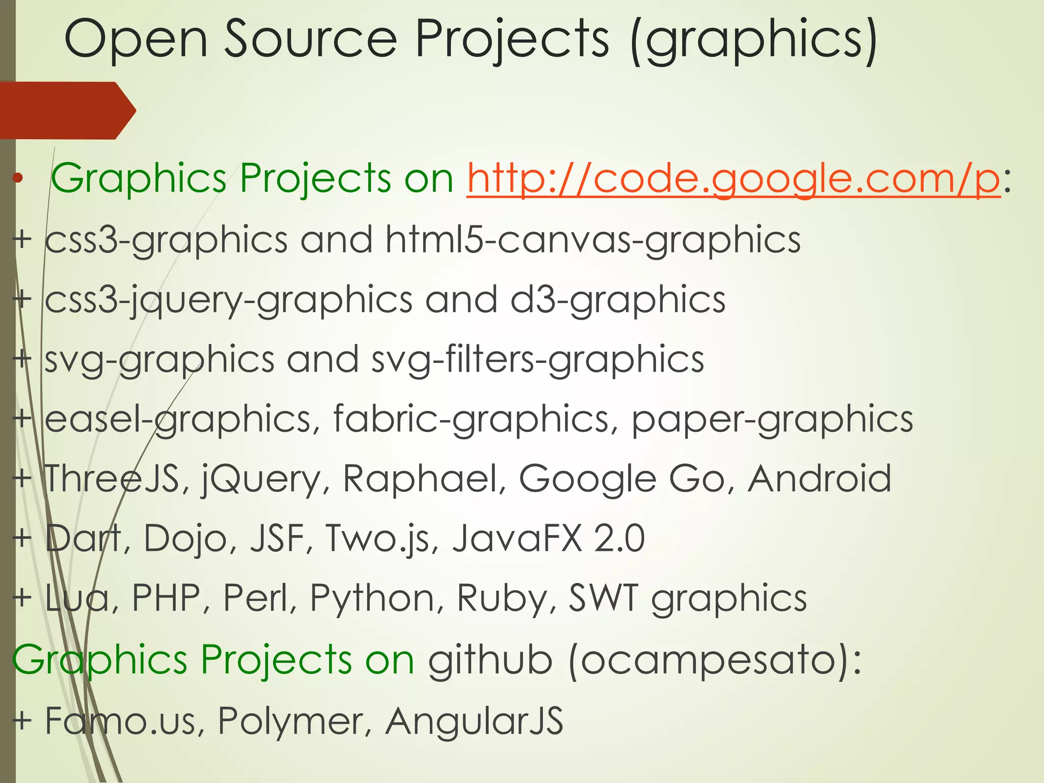 Open Source Projects (graphics) 
• Graphics Projects on http://code.google.com/p: 
+ css3-graphics and html5-canvas-graphics 
+ css3-jquery-graphics and d3-graphics 
+ svg-graphics and svg-filters-graphics 
+ easel-graphics, fabric-graphics, paper-graphics 
+ ThreeJS, jQuery, Raphael, Google Go, Android 
+ Dart, Dojo, JSF, Two.js, JavaFX 2.0 
+ Lua, PHP, Perl, Python, Ruby, SWT graphics 
Graphics Projects on github (ocampesato): 
+ Famo.us, Polymer, AngularJS 
 