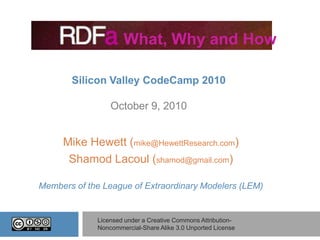 What, Why and How Silicon Valley CodeCamp 2010 October 9, 2010 Mike Hewett (mike@HewettResearch.com) Shamod Lacoul (shamod@gmail.com) Members of the League of Extraordinary Modelers (LEM) Licensed under a Creative Commons Attribution- Noncommercial-Share Alike 3.0 Unported License 