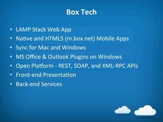 Box	
  Tech	
  

•    LAMP	
  Stack	
  Web	
  App	
  
•    Na8ve	
  and	
  HTML5	
  (m.box.net)	
  Mobile	
  Apps	
  
•    Sync	
  for	
  Mac	
  and	
  Windows	
  
•    MS	
  Oﬃce	
  &	
  Outlook	
  Plugins	
  on	
  Windows	
  
•    Open	
  PlaVorm	
  -­‐	
  REST,	
  SOAP,	
  and	
  XML-­‐RPC	
  APIs	
  
•    Front-­‐end	
  Presenta8on	
  
•    Back-­‐end	
  Services	
  
 