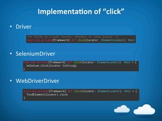 ImplementaAon	
  of	
  “click”	
  
•  Driver	
  



•  SeleniumDriver	
  



•  WebDriverDriver	
  
 