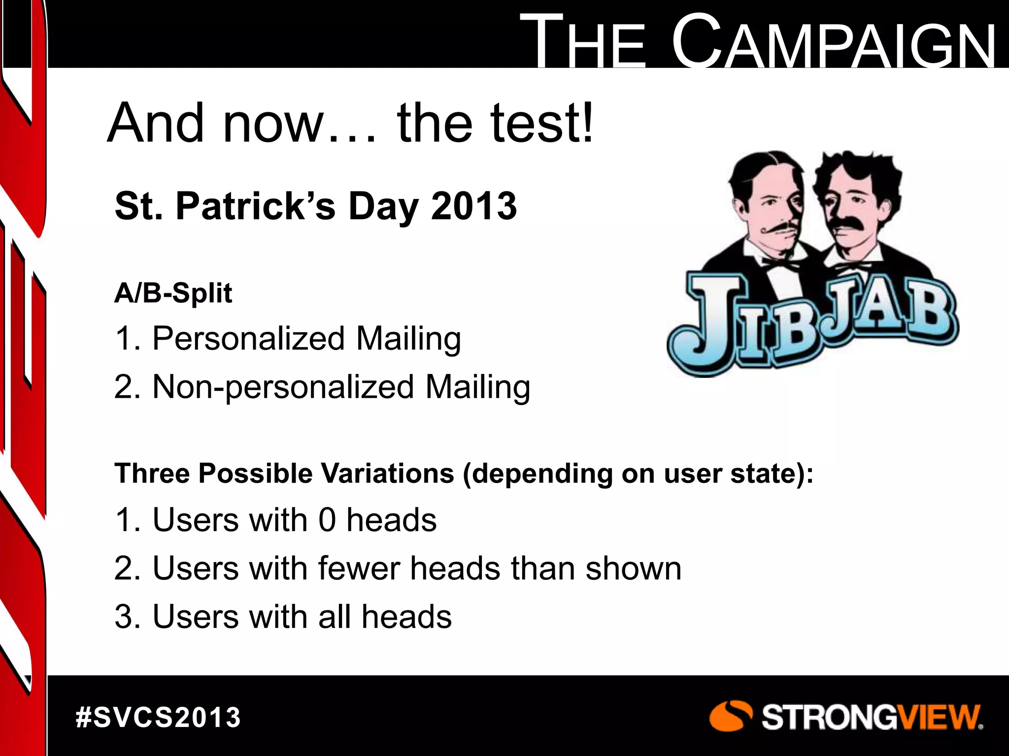 THE CAMPAIGN
And now… the test!
St. Patrick’s Day 2013
A/B-Split

1. Personalized Mailing
2. Non-personalized Mailing
Three Possible Variations (depending on user state):

1. Users with 0 heads
2. Users with fewer heads than shown
3. Users with all heads
#SVCS2013

 