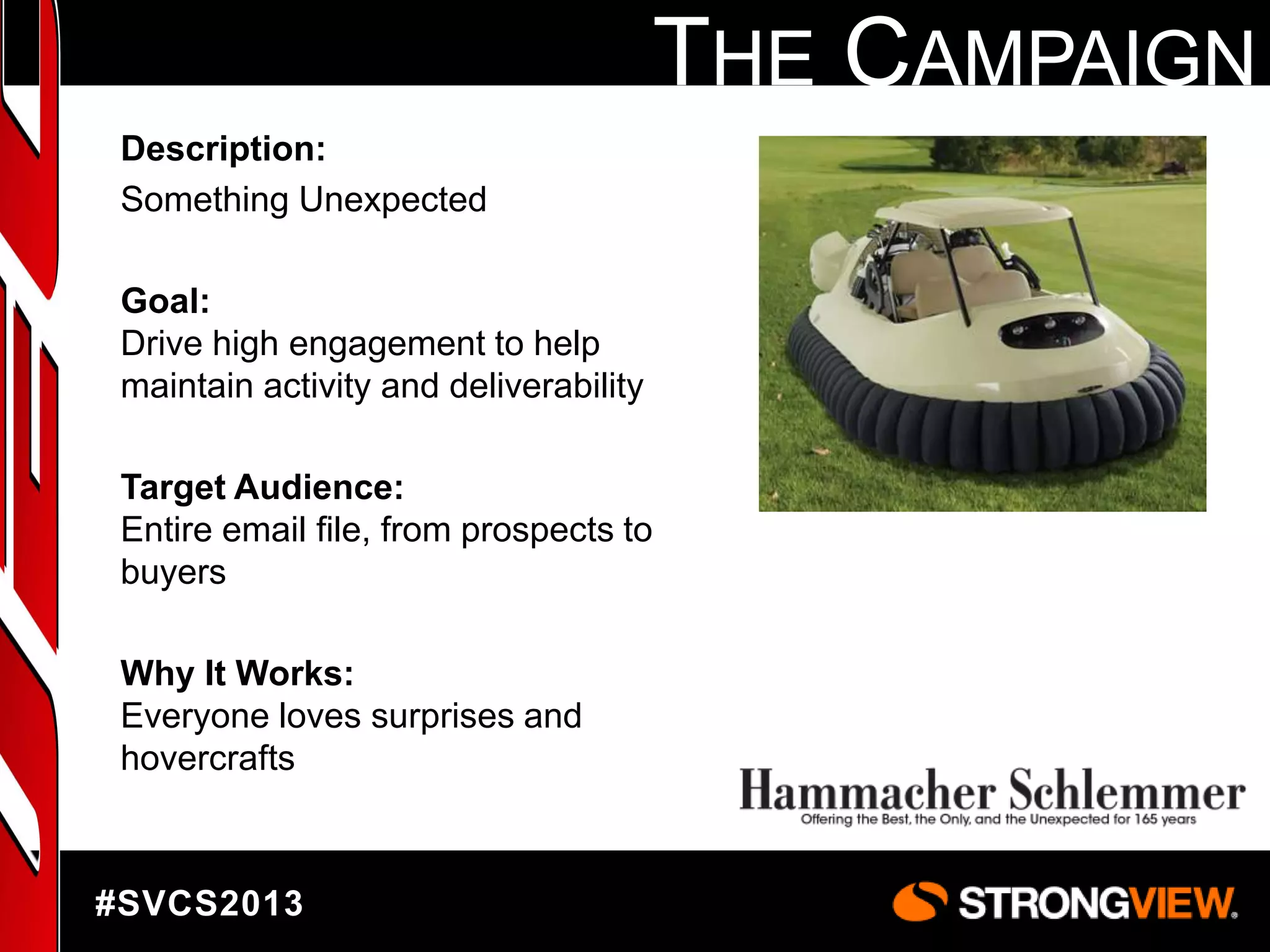 THE CAMPAIGN
Description:
Something Unexpected
Goal:
Drive high engagement to help
maintain activity and deliverability
Target Audience:
Entire email file, from prospects to
buyers
Why It Works:
Everyone loves surprises and
hovercrafts

#SVCS2013

 