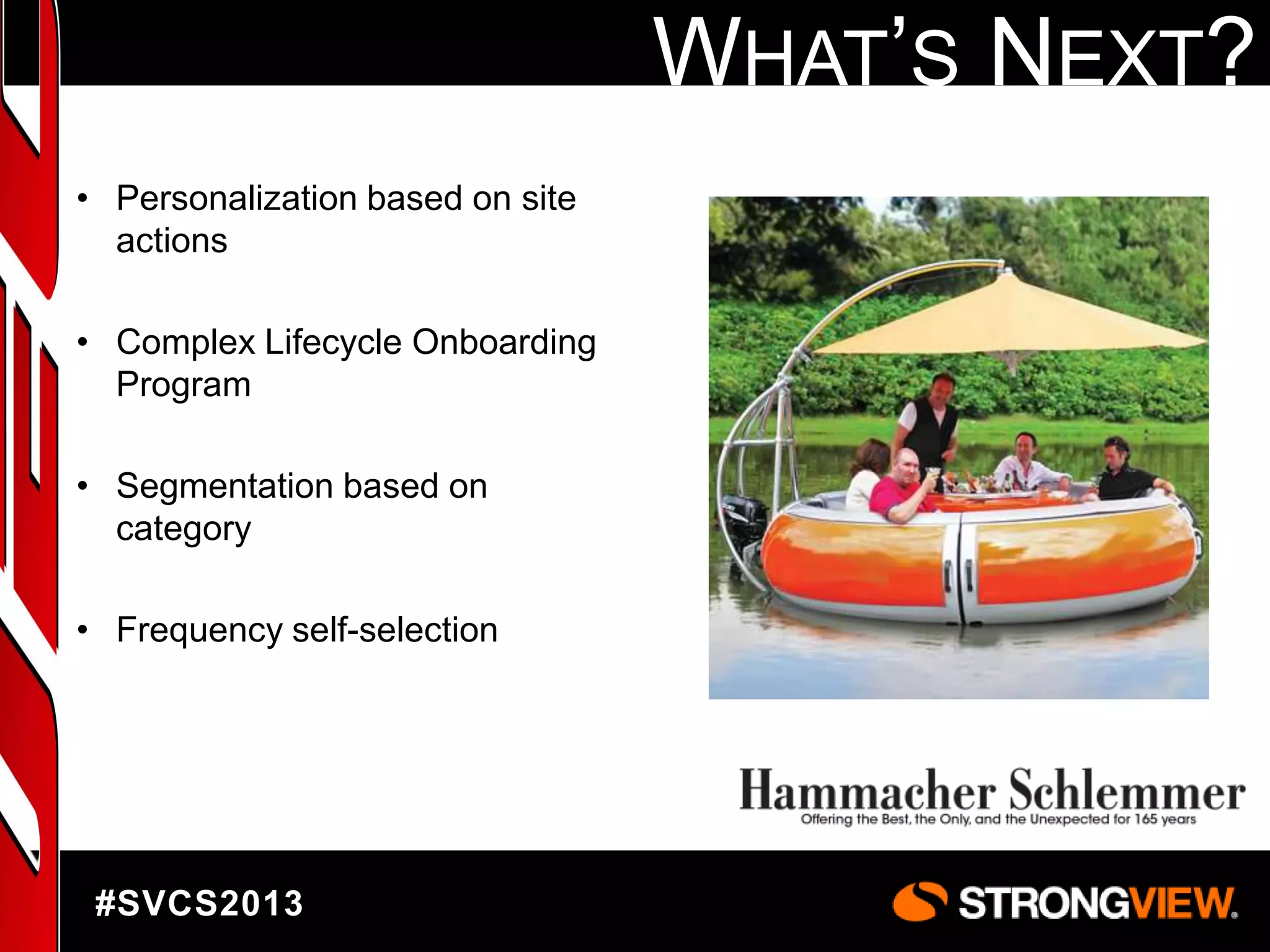 WHAT‟S NEXT?
• Personalization based on site
actions

• Complex Lifecycle Onboarding
Program
• Segmentation based on
category
• Frequency self-selection

#SVCS2013

 