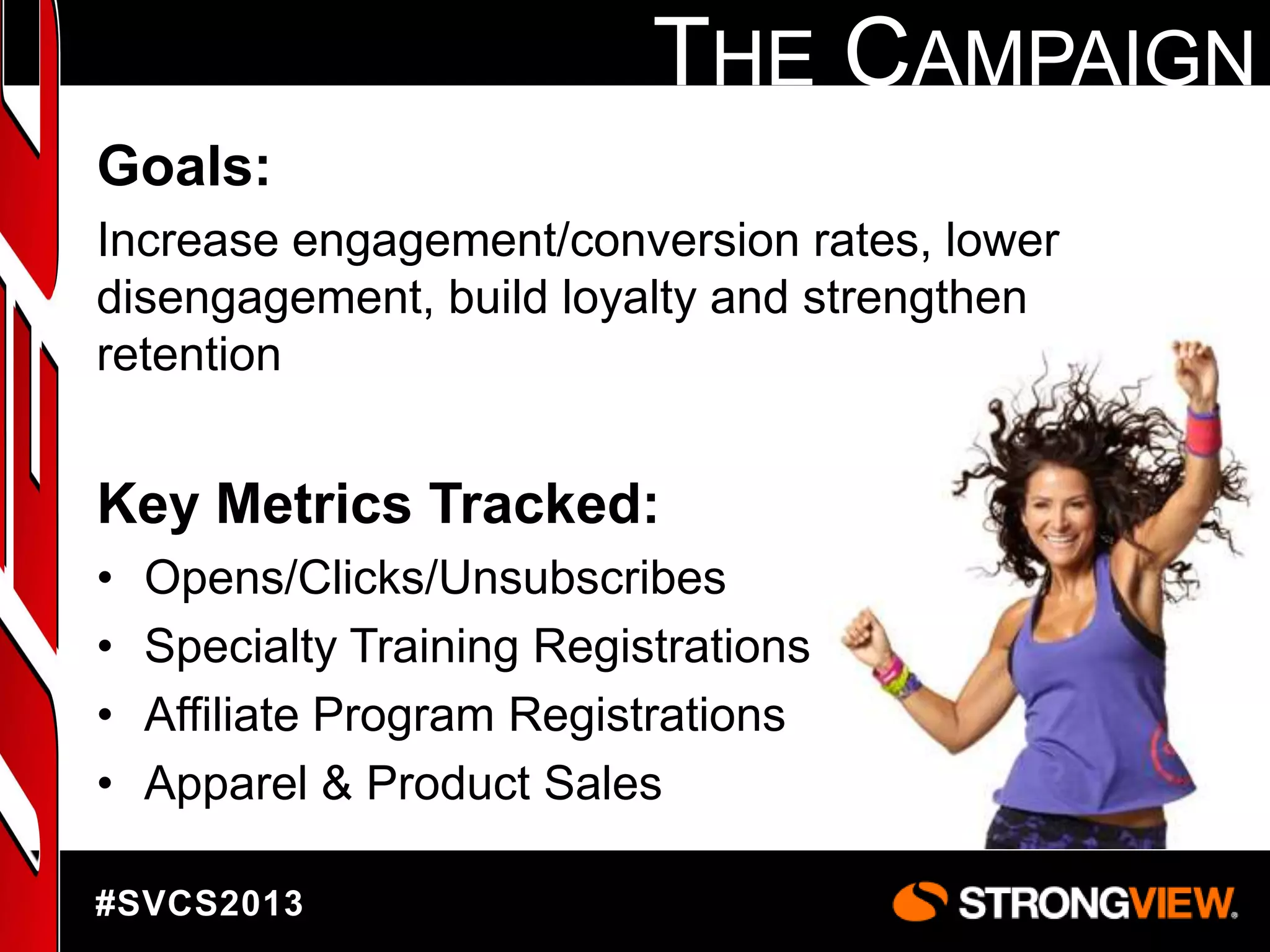 THE CAMPAIGN
Goals:
Increase engagement/conversion rates, lower
disengagement, build loyalty and strengthen
retention

Key Metrics Tracked:
•
•
•
•

Opens/Clicks/Unsubscribes
Specialty Training Registrations
Affiliate Program Registrations
Apparel & Product Sales

#SVCS2013

 
