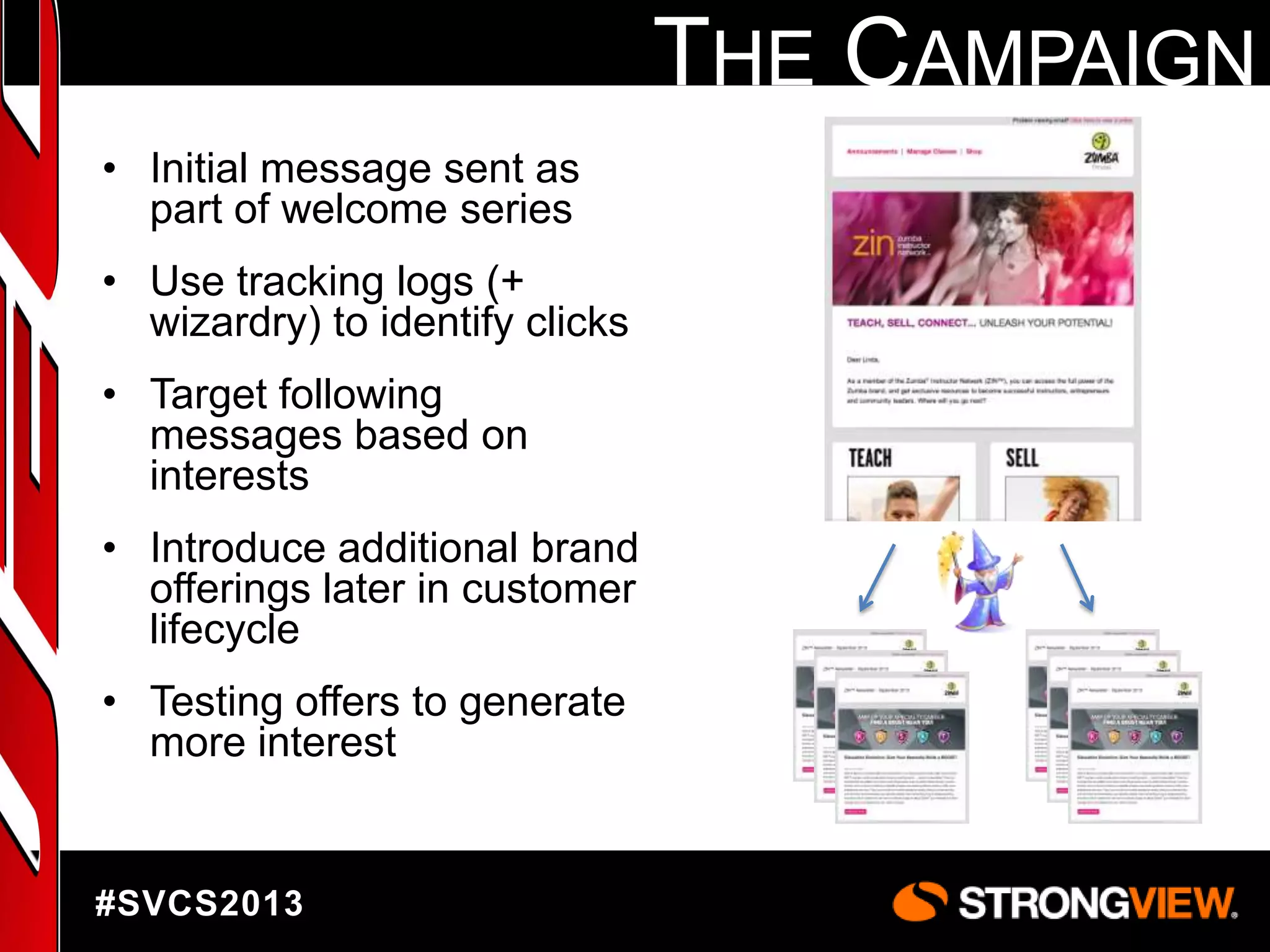 THE CAMPAIGN
• Initial message sent as
part of welcome series
• Use tracking logs (+
wizardry) to identify clicks
• Target following
messages based on
interests

• Introduce additional brand
offerings later in customer
lifecycle
• Testing offers to generate
more interest

#SVCS2013

 