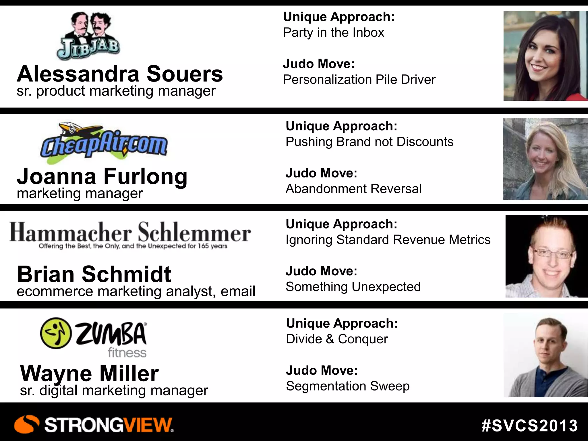 Unique Approach:
Party in the Inbox

Alessandra Souers
sr. product marketing manager

Judo Move:
Personalization Pile Driver

Unique Approach:
Pushing Brand not Discounts

Joanna Furlong
marketing manager

Judo Move:
Abandonment Reversal
Unique Approach:
Ignoring Standard Revenue Metrics

Brian Schmidt

ecommerce marketing analyst, email

Judo Move:
Something Unexpected
Unique Approach:
Divide & Conquer

Wayne Miller

sr. digital marketing manager

Judo Move:
Segmentation Sweep

#SVCS2013

 