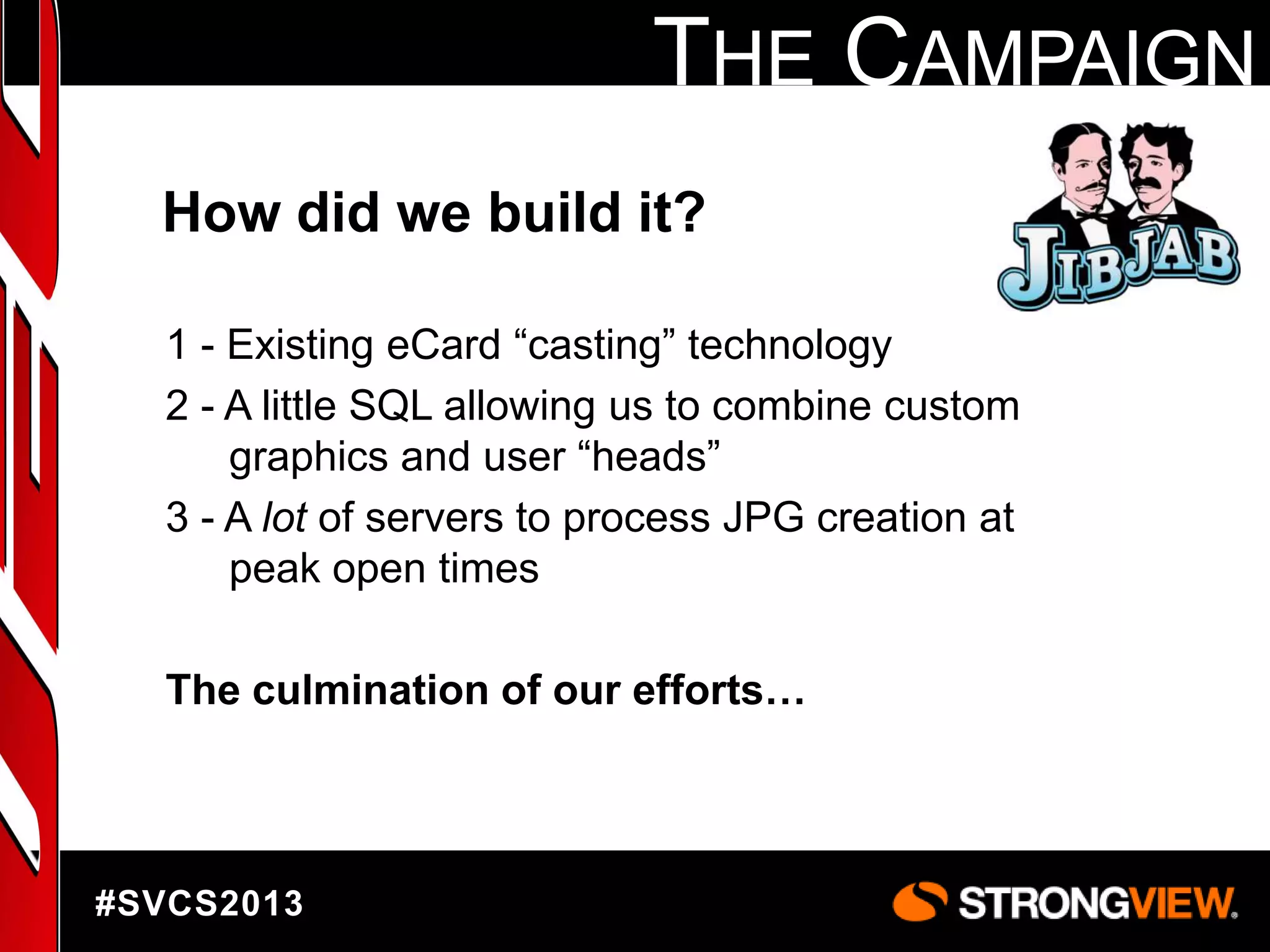 THE CAMPAIGN
How did we build it?
1 - Existing eCard “casting” technology
2 - A little SQL allowing us to combine custom
graphics and user “heads”
3 - A lot of servers to process JPG creation at
peak open times
The culmination of our efforts…

#SVCS2013

 