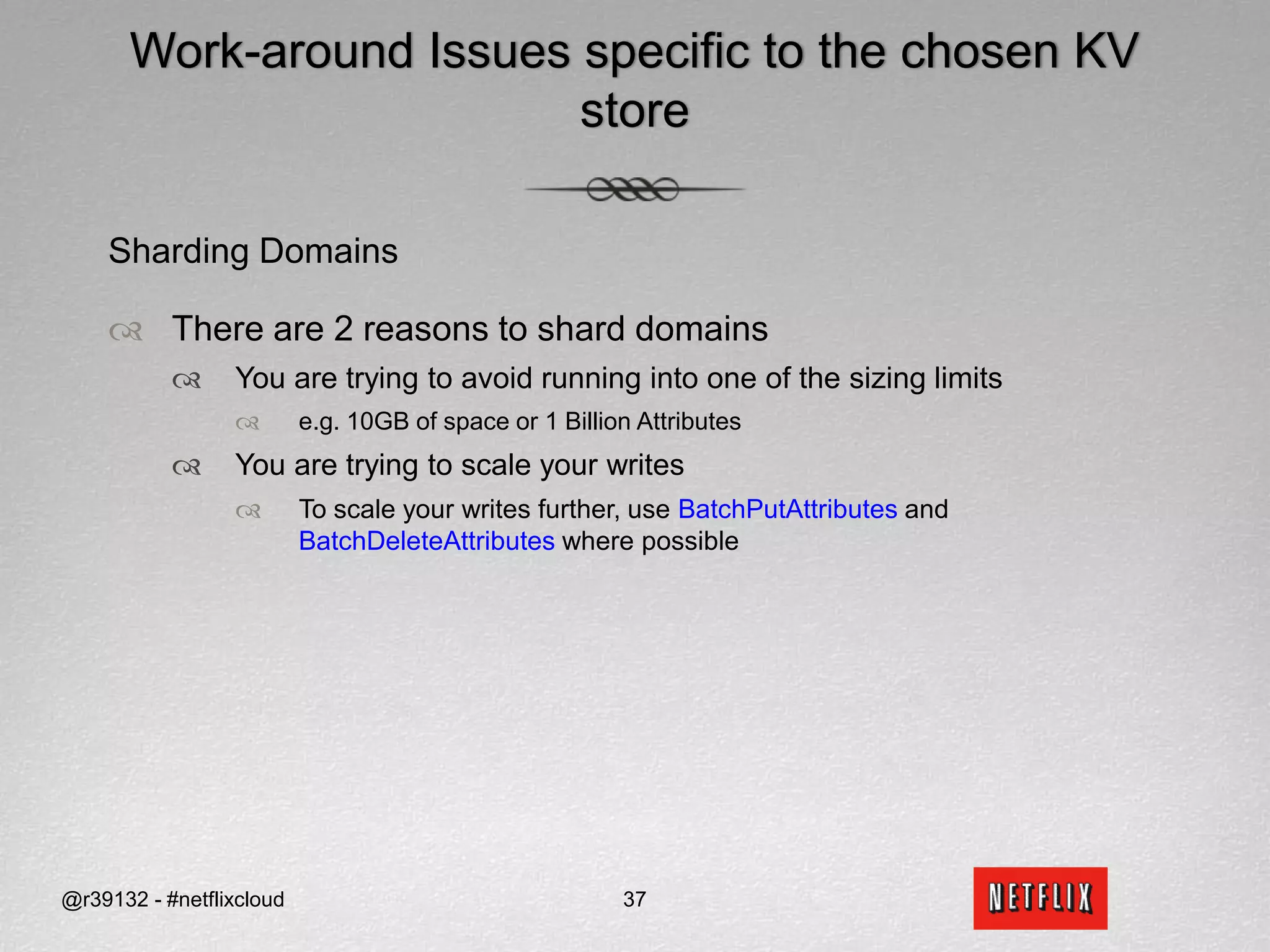NormalizationIssuesWastes StorageThe warehouse address is repeated for every Part-WH pairUpdate Performance SuffersIf the address of a warehouse changes, I must update every part in that warehouse – i.e. many rowsData Inconsistencies PossibleI can update the warehouse address for one Part-WH pair and miss Parts for the same WH (a.k.a. update anomaly)Data Loss PossibleAn empty warehouse does not have a row, so the address will be lost. (a.k.a. deletion anomaly)@r39132 - #netflixcloud26