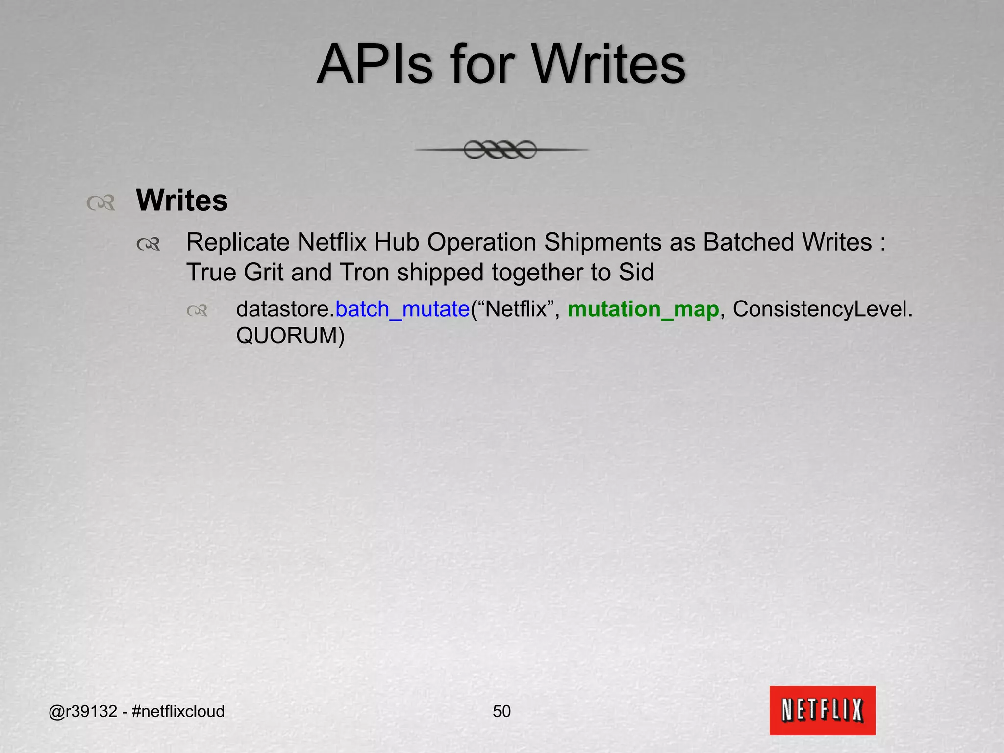 Create a Bi-directional DC-Cloud Data Replication PipelineHome-grown Data Replication Framework known as IR for Item Replication2 schemes in use currentlyPolls the main table (a.k.a. Simple IR)Doesn’t capture deletes but easy to implementPolls a journal table that is populated via a trigger on the main table (a.k.a. Trigger-journaled IR)Captures every CRUD, but requires the development of triggers@r39132 - #netflixcloud39