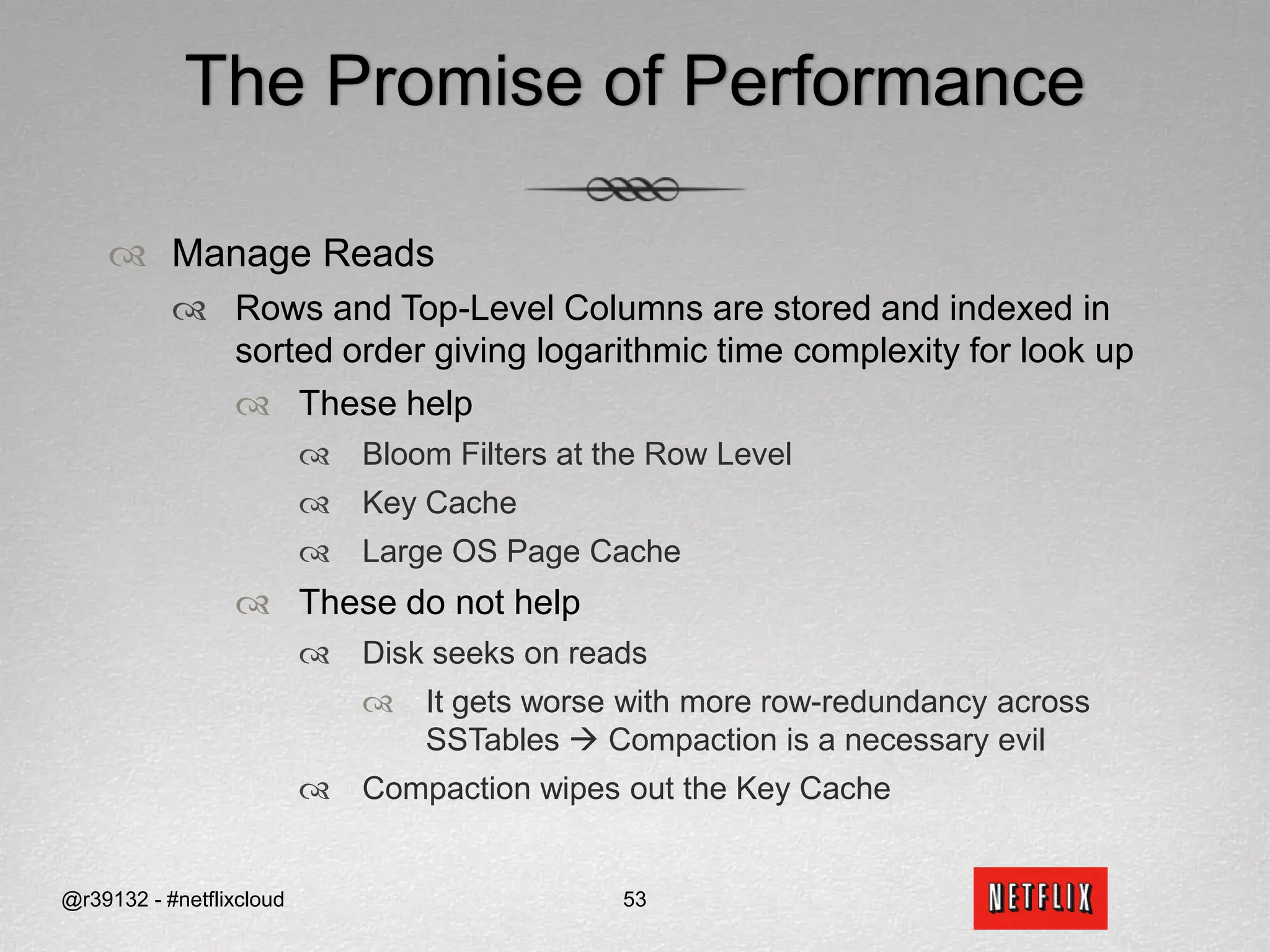 Create a Bi-directional DC-Cloud Data Replication PipelineData Replication Challenges & Best PracticesSimpleDB throttles traffic aggressively via 503 HTTP Response codes (“Service Unavailable”)With Singleton writes, I see 70-120 write TPS/domainIRShard domains (i.e. partition data sets) to work-around these limitsEmploys Slow ramp upUses BatchPutAttributes instead of (Singleton) PutAttributes callExercises an exponential bounded-back-off algorithmUses attribute-level replace=false when fork-lifting data @r39132 - #netflixcloud42