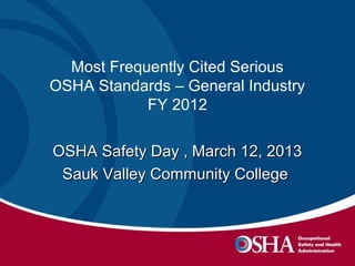 Most Frequently Cited Serious
OSHA Standards – General Industry
FY 2012
OSHA Safety Day , March 12, 2013OSHA Safety Day , March 12, 2013
Sauk Valley Community CollegeSauk Valley Community College
 