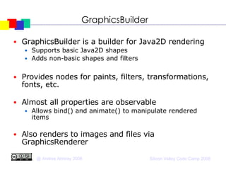 GraphicsBuilder GraphicsBuilder is a builder for Java2D rendering Supports basic Java2D shapes Adds non-basic shapes and filters Provides nodes for paints, filters, transformations, fonts, etc. Almost all properties are observable Allows bind() and animate() to manipulate rendered items Also renders to images and files via GraphicsRenderer  