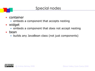 Special nodes container embeds a component that accepts nesting widget embeds a component that does not accept nesting bean builds any JavaBean class (not just components)‏ 