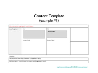 Content Template
  (example #1)




            http://intentionaldesign.ca/2011/02/22/writing-templates/
 
