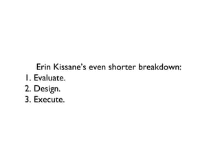 Erin Kissane’s even shorter breakdown:
1. Evaluate.
2. Design.
3. Execute.
 