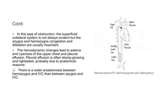 Cont-
 In this type of obstruction, the superficial
collateral system is not always evident but the
azygos and hemiazygos congestion and
dilatation are usually important.
 The hemodynamic changes lead to edema
and cyanosis of the upper chest and pleural
effusion. Pleural effusion is often slowly-growing
and rightsided, probably due to anatomical
reasons:
 There is a wider anastomosis between
hemiazygos and IVC than between azygos and
IVC.
 